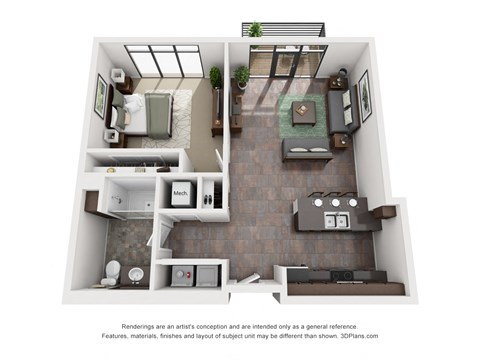 Floor plan for 1 bed, 1 bath, 767 sqft